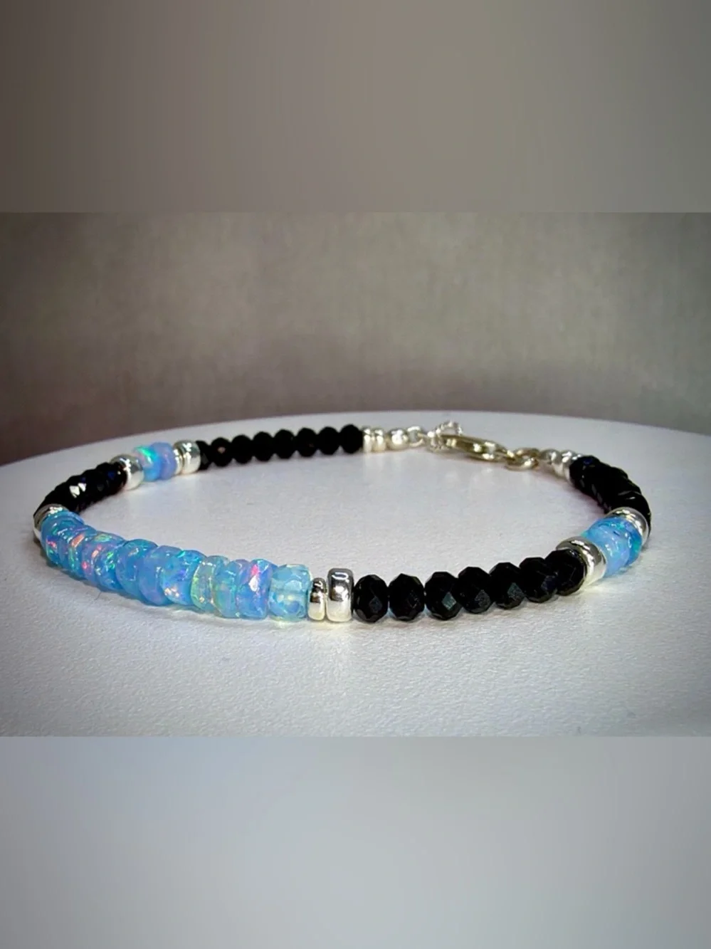 Ethiopian Opal Black Spinel Gemstone Bracelet in Sterling Silver - Picture 4 of 6